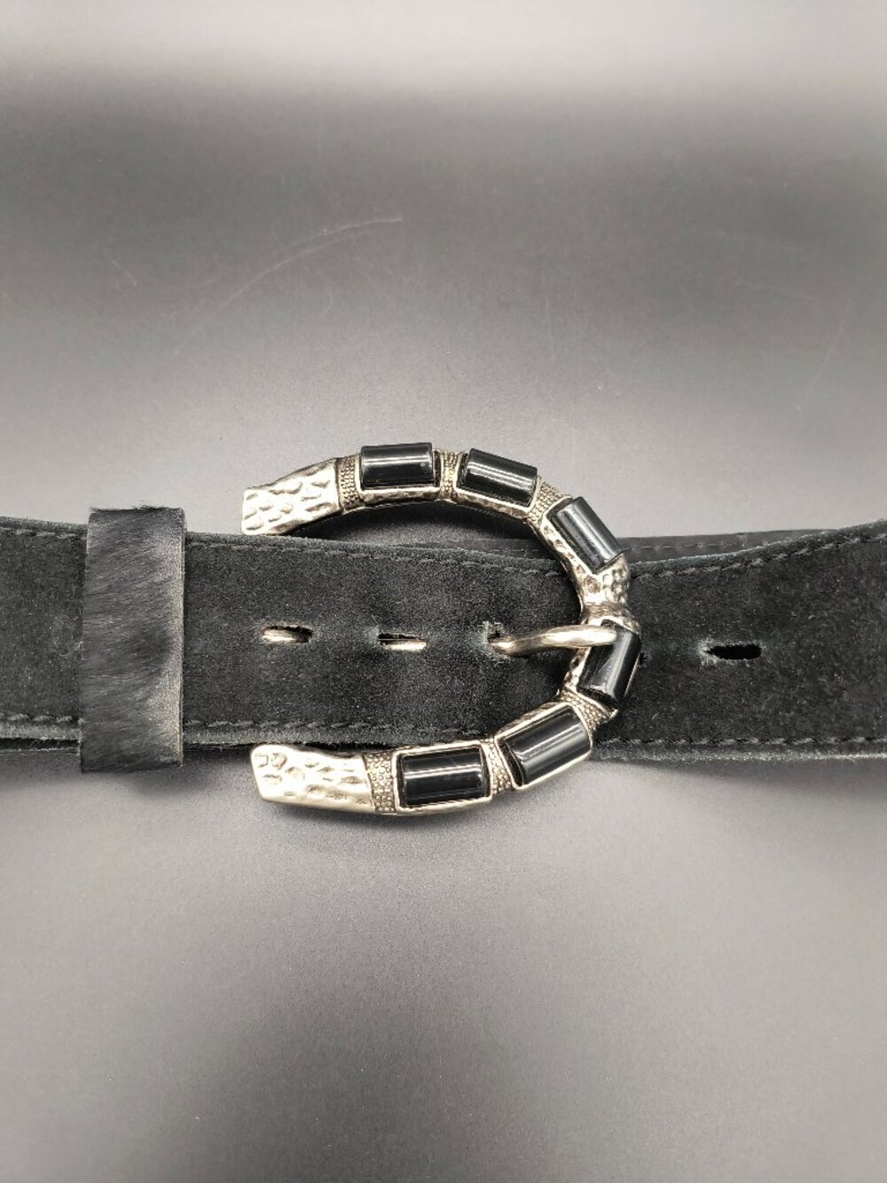 Belt Shak Western Black Suede Silver Tone Horseshoe Inspired Buckle Belt M
